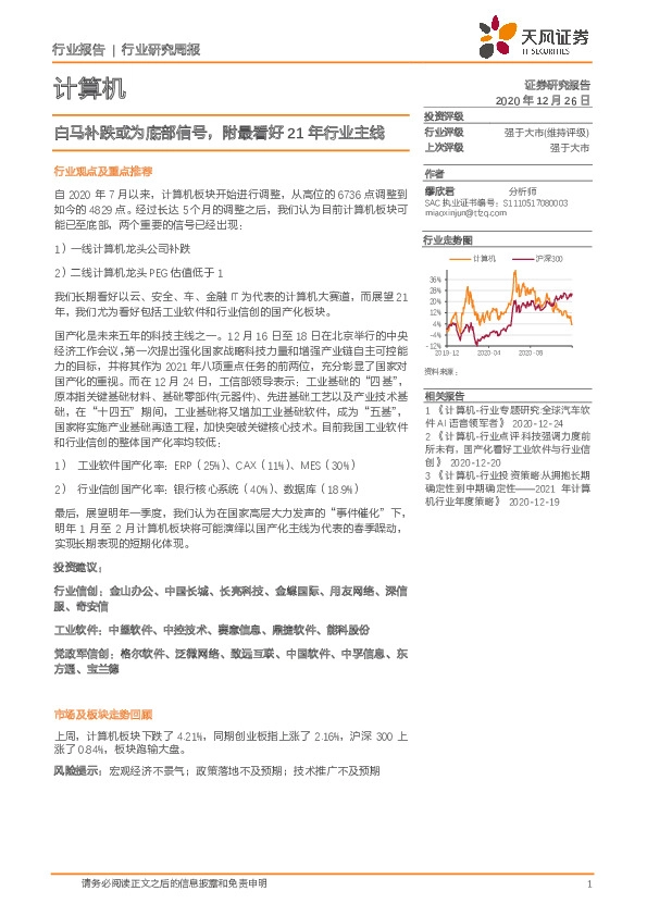 计算机行业研究周报：白马补跌或为底部信号，附最看好21年行业主线