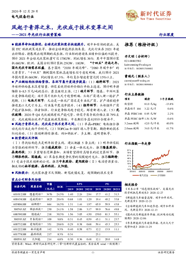 2021年光伏行业投资策略：风起于青萍之末，光伏成于技术变革之间