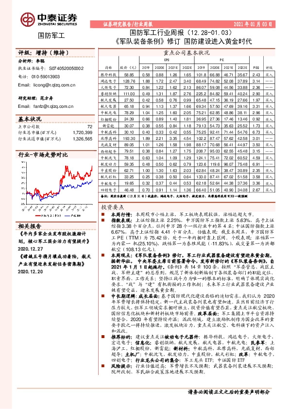 国防军工行业周报：《军队装备条例》修订国防建设进入黄金时代
