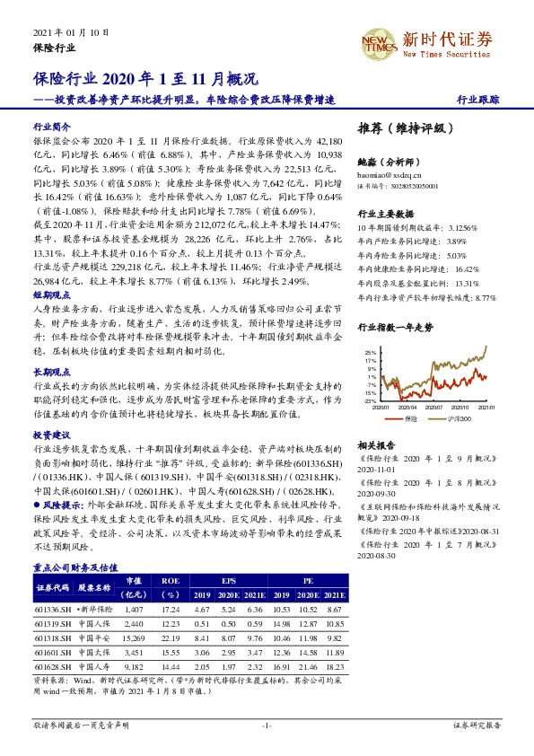 保险行业2020年1至11月概况：投资改善净资产环比提升明显，车险综合费改压降保费增速