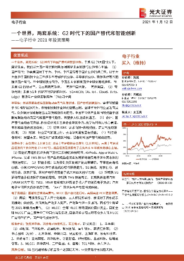 电子行业2021年投资策略：一个世界，两套系统，G2时代下的国产替代和智能创新