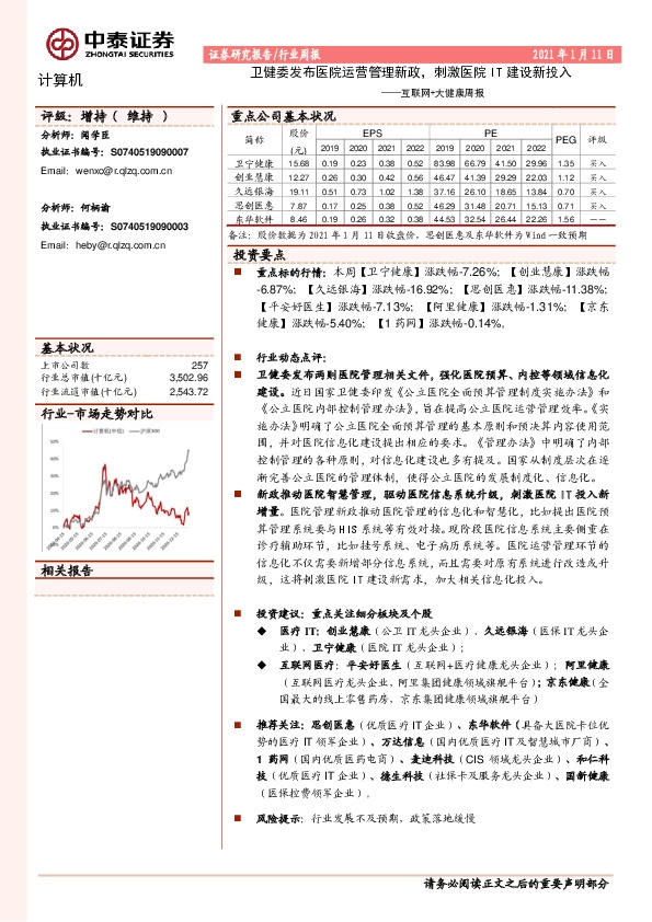 互联网+大健康周报：卫健委发布医院运营管理新政，刺激医院IT建设新投入