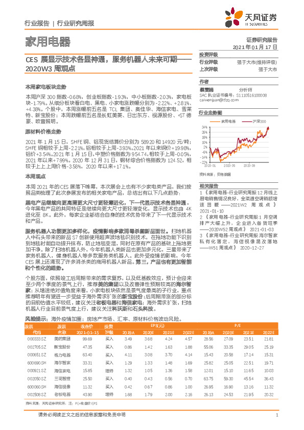 家用电器2020W3周观点：CES展显示技术各显神通，服务机器人未来可期