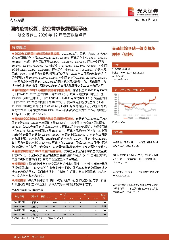 航空运输业2020年12月经营数据点评：国内疫情反复，航空需求恢复短期承压