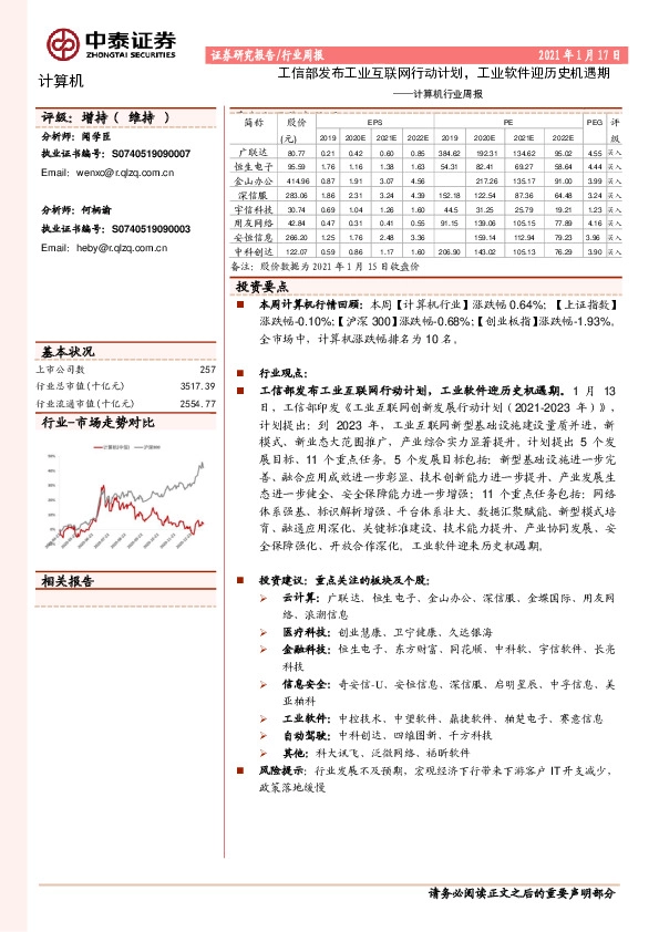 计算机行业周报：工信部发布工业互联网行动计划，工业软件迎历史机遇期
