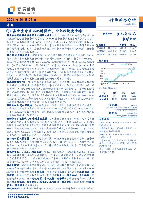 家电：Q4基金重仓家电比例提升，白电板块受青睐