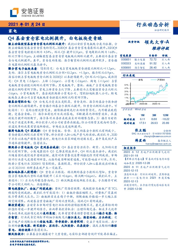 家电：Q4基金重仓家电比例提升，白电板块受青睐
