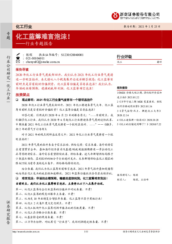 化工行业专题报告：化工蓝筹难言泡沫！