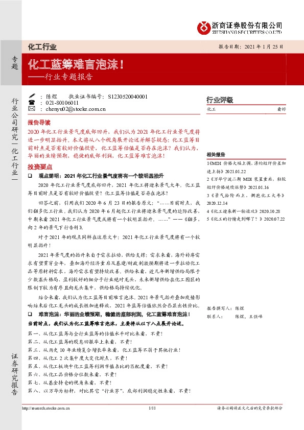化工行业专题报告：化工蓝筹难言泡沫！