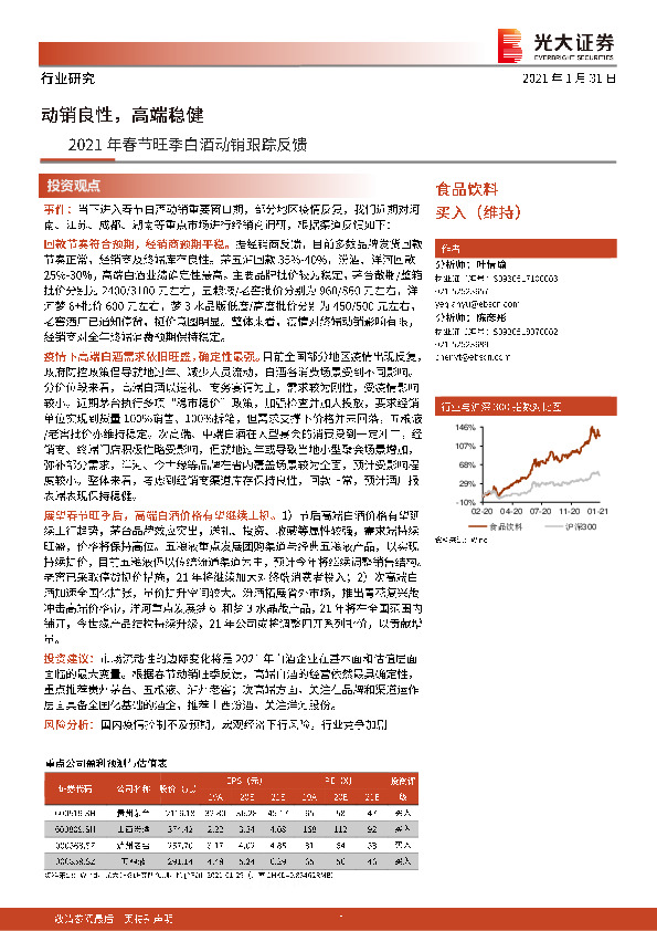 食品饮料行业：2021年春节旺季白酒动销跟踪反馈-动销良性，高端稳健