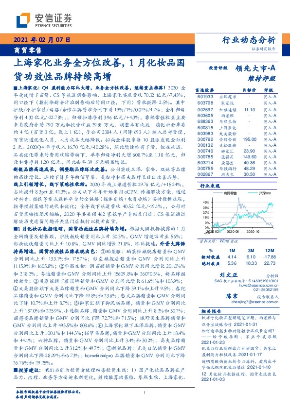 商贸零售行业动态分析：上海家化业务全方位改善，1月化妆品国货功效性品牌持续高增