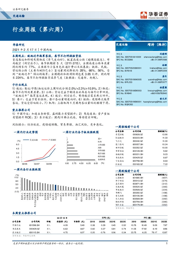 交通运输行业周报（第六周）