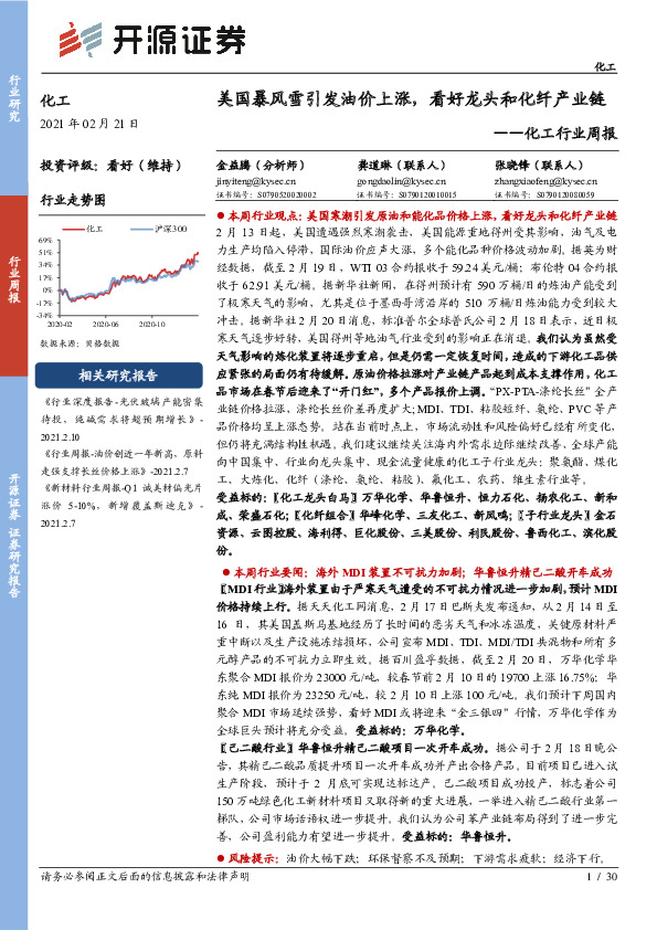 化工行业周报：美国暴风雪引发油价上涨，看好龙头和化纤产业链