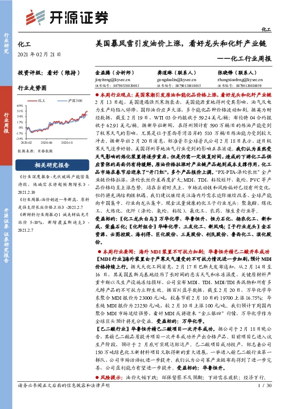 化工行业周报：美国暴风雪引发油价上涨，看好龙头和化纤产业链