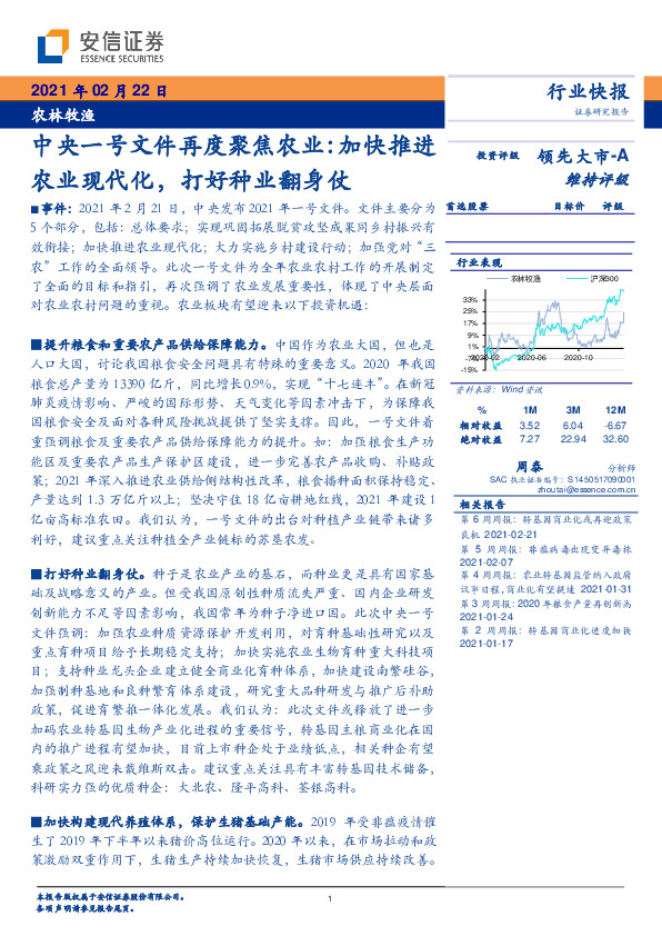 农林牧渔-中央一号文件再度聚焦农业：加快推进农业现代化，打好种业翻身仗