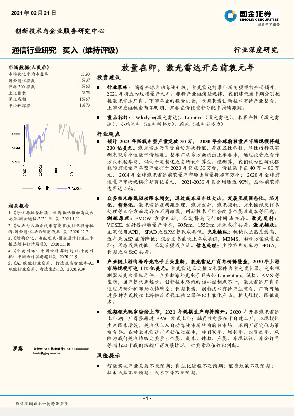 通信行业研究：放量在即，激光雷达开启前装元年