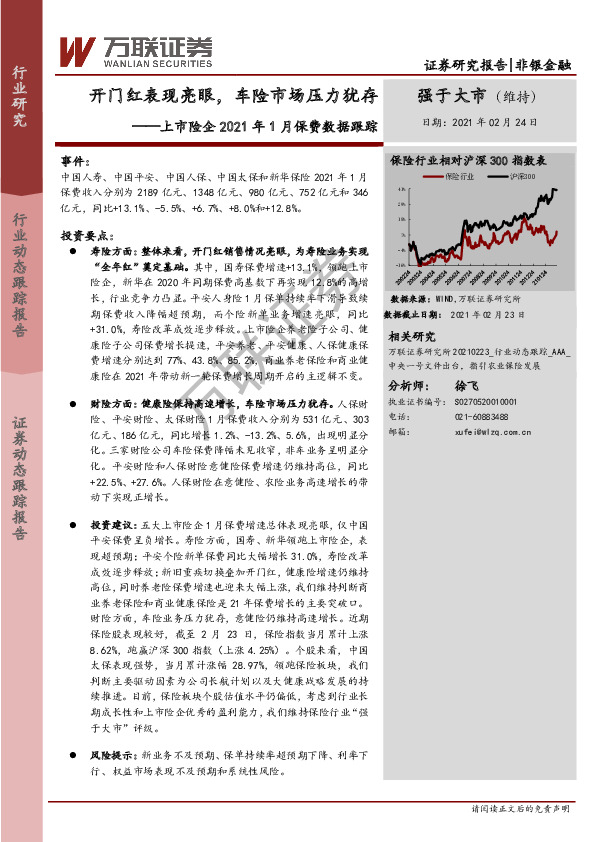 上市险企2021年1月保费数据跟踪：开门红表现亮眼，车险市场压力犹存