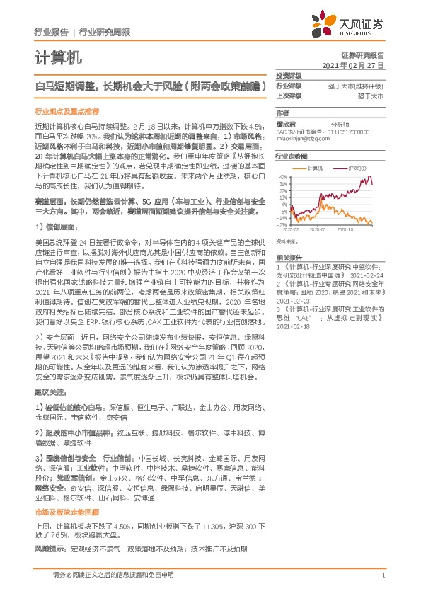计算机行业研究周报：白马短期调整，长期机会大于风险（附两会政策前瞻）