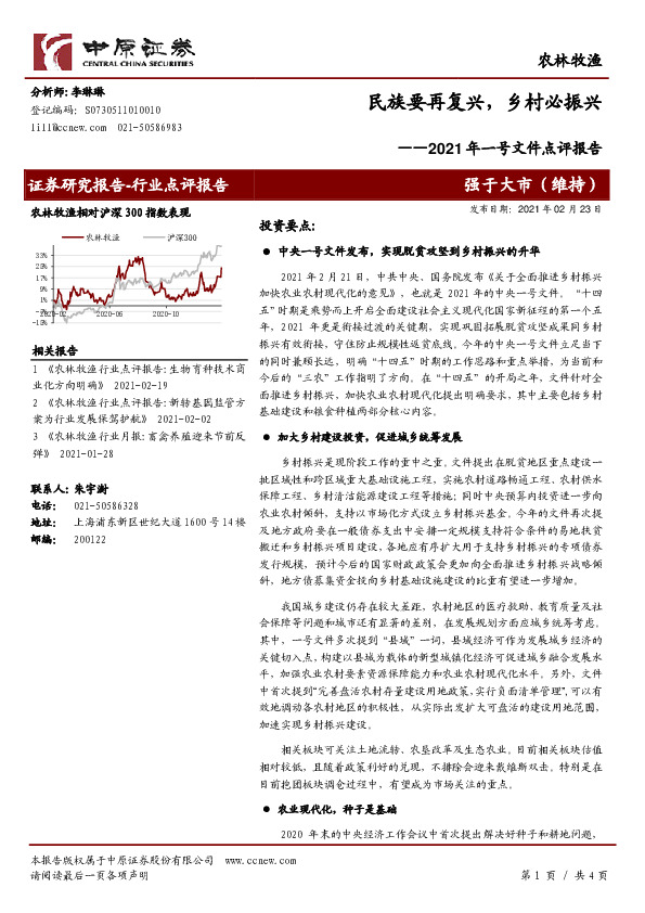 农林牧渔2021年一号文件点评报告：民族要再复兴，乡村必振兴