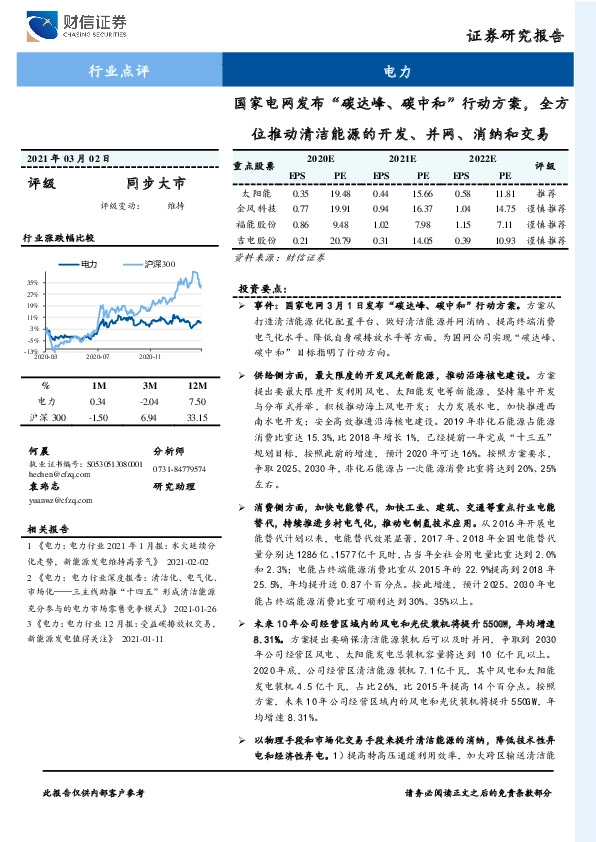 电力：国家电网发布“碳达峰、碳中和”行动方案，全方位推动清洁能源的开发、并网、消纳和交易