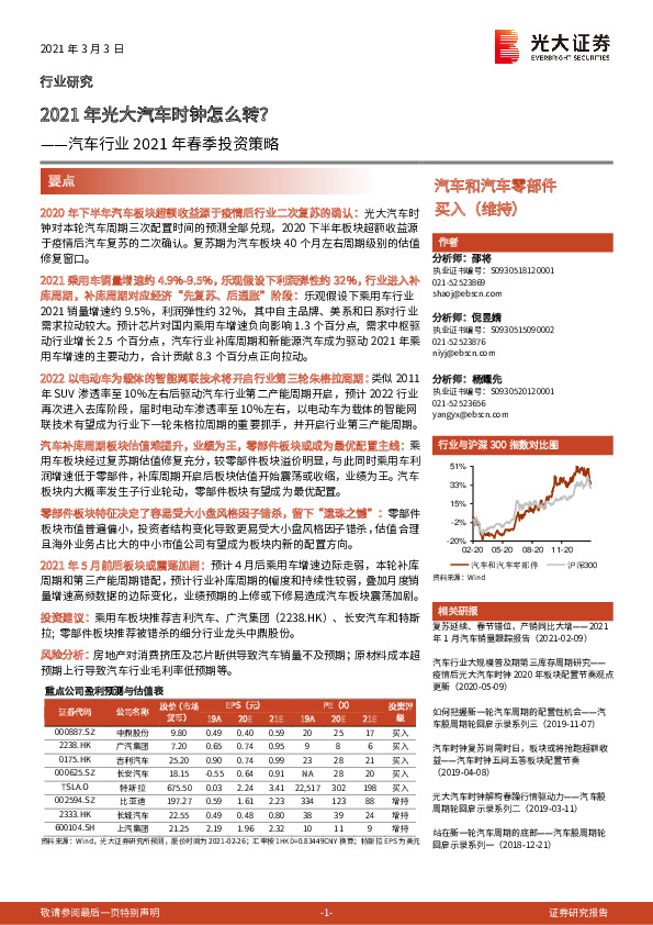 汽车行业2021年春季投资策略：2021年光大汽车时钟怎么转？