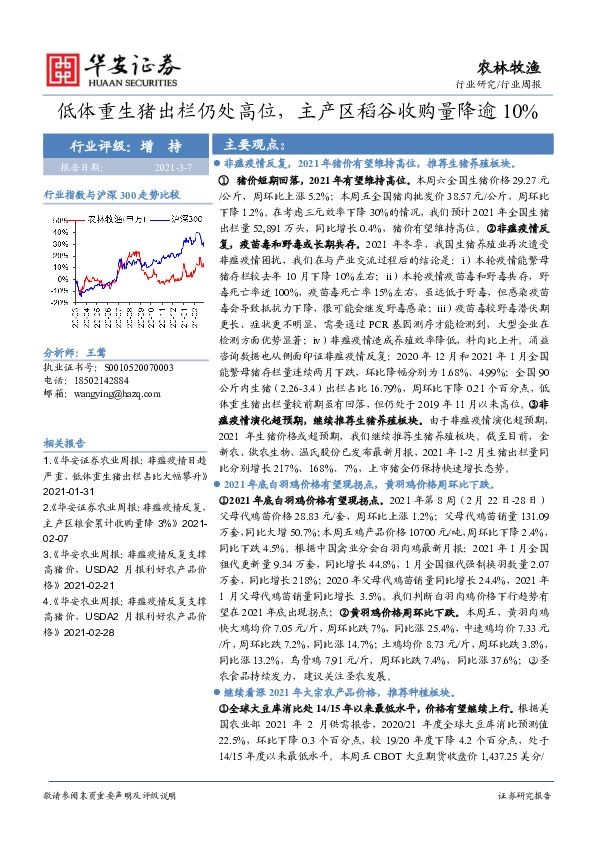 农林牧渔行业周报：低体重生猪出栏仍处高位，主产区稻谷收购量降逾10%