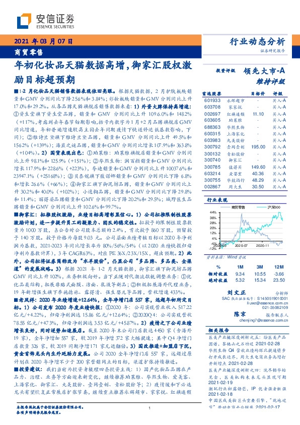 商贸零售：年初化妆品天猫数据高增，御家汇股权激励目标超预期