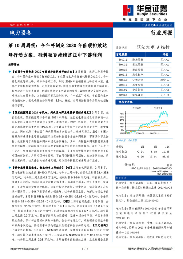 电力设备第10周周报：今年将制定2030年前碳排放达峰行动方案，硅料破百持续挤压中下游利润
