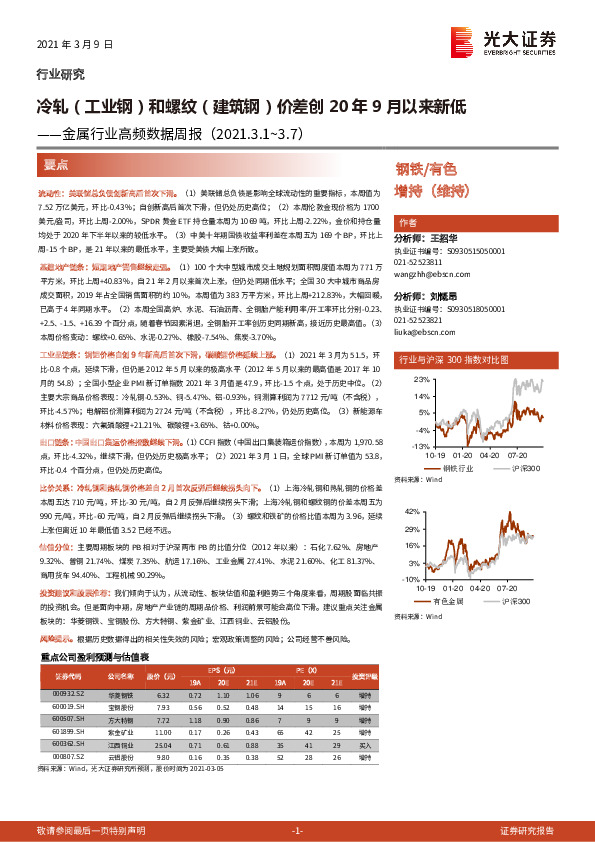 金属行业高频数据周报：冷轧（工业钢）和螺纹（建筑钢）价差创20年9月以来新低