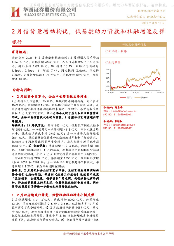 银行：2月信贷量增结构优，低基数助力贷款和社融增速反弹