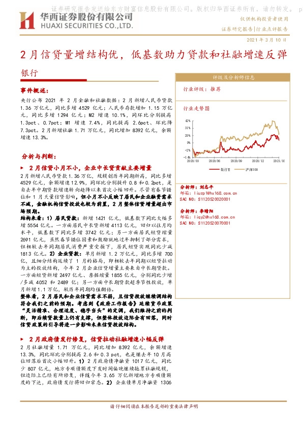 银行：2月信贷量增结构优，低基数助力贷款和社融增速反弹