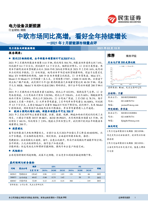 2021年2月新能源车销量点评：中欧市场同比高增，看好全年持续增长