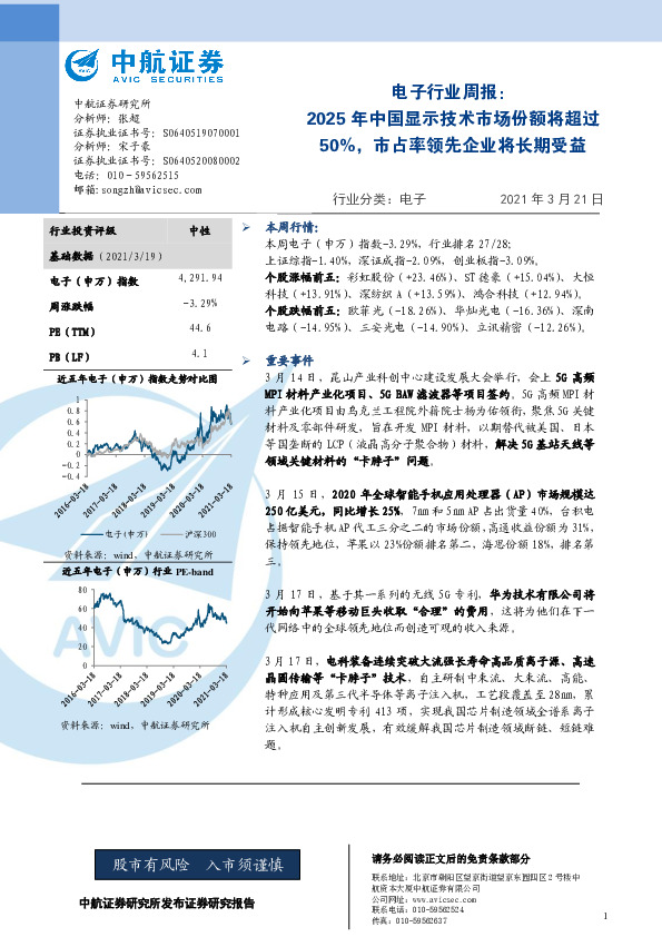 电子行业周报：2025年中国显示技术市场份额将超过50%，市占率领先企业将长期受益