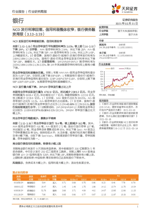 银行行业：NCD发行利率回落，信用利差整体收窄：银行债务融资周报
