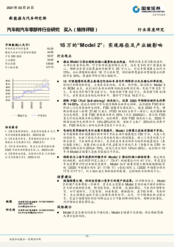 汽车和汽车零部件行业研究：16万的“Model2”：实现路径及产业链影响