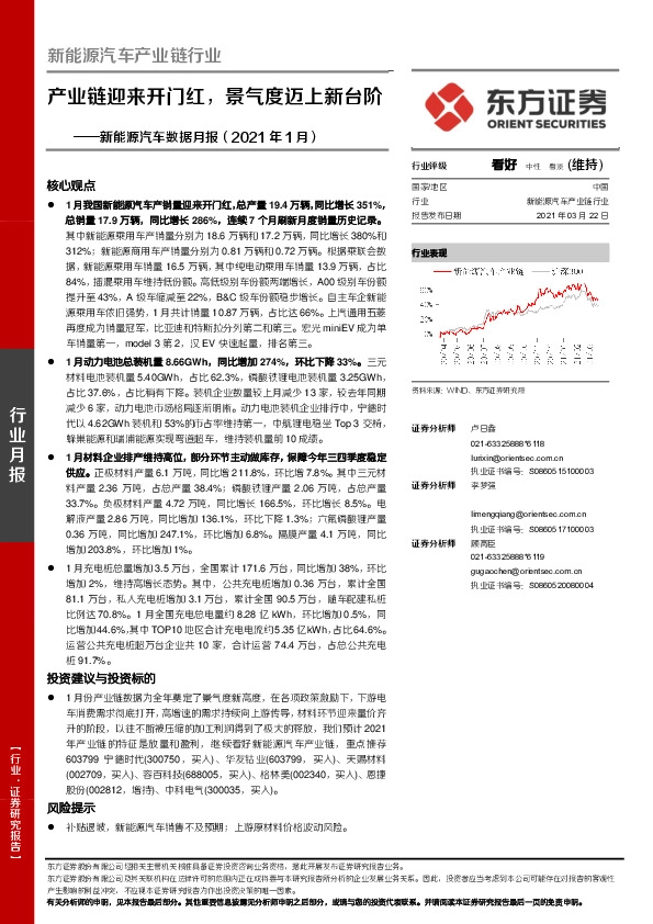 新能源汽车数据月报（2021年1月）：产业链迎来开门红，景气度迈上新台阶