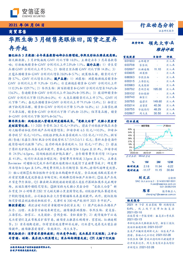 商贸零售行业动态分析：华熙生物3月销售亮眼依旧，国货之星冉冉升起