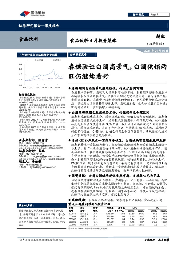 食品饮料4月投资策略：春糖验证白酒高景气，白酒供销两旺仍继续看好