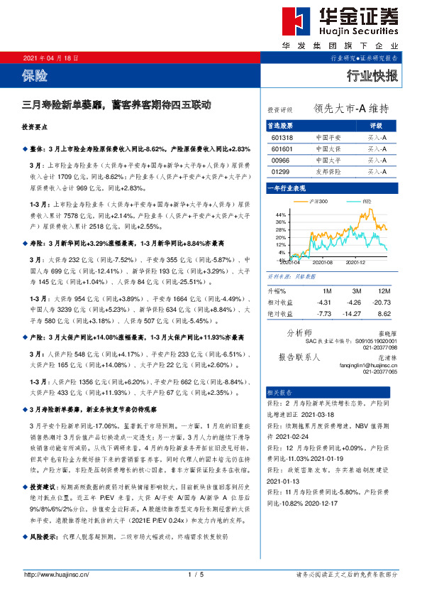 保险：三月寿险新单萎靡，蓄客养客期待四五联动