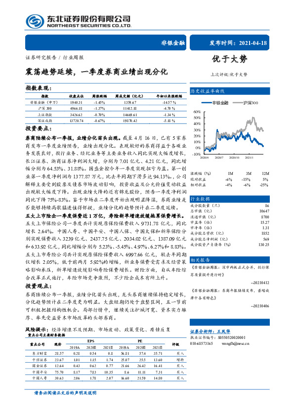 非银金融行业周报：震荡趋势延续，一季度券商业绩出现分化