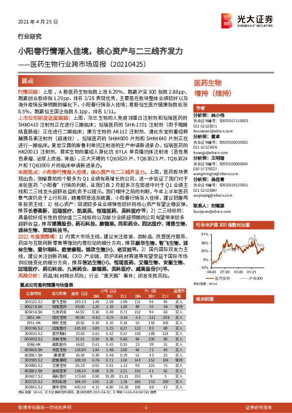 医药生物行业跨市场周报：小阳春行情渐入佳境，核心资产与二三线齐发力