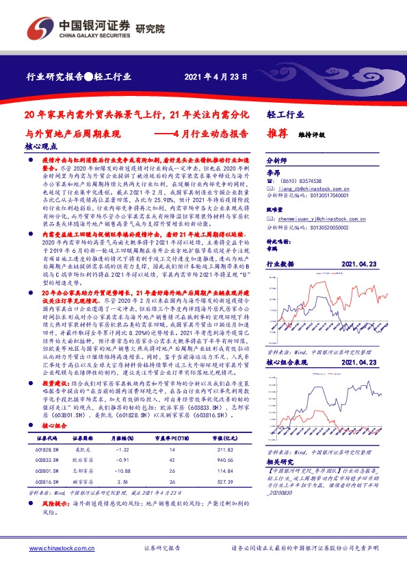 轻工行业4月行业动态报告：20年家具内需外贸共振景气上行，21年关注内需分化与外贸地产后周期表现