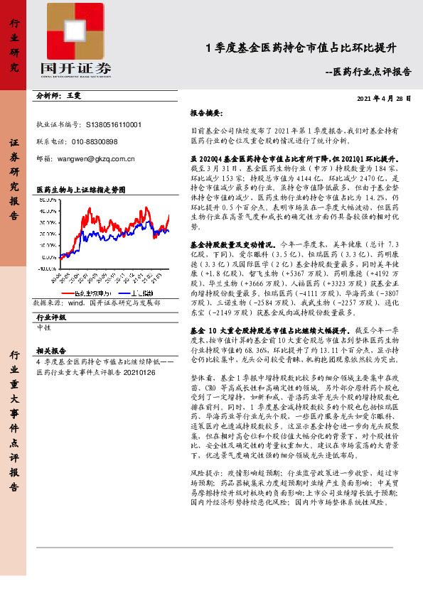 医药行业点评报告：1季度基金医药持仓市值占比环比提升