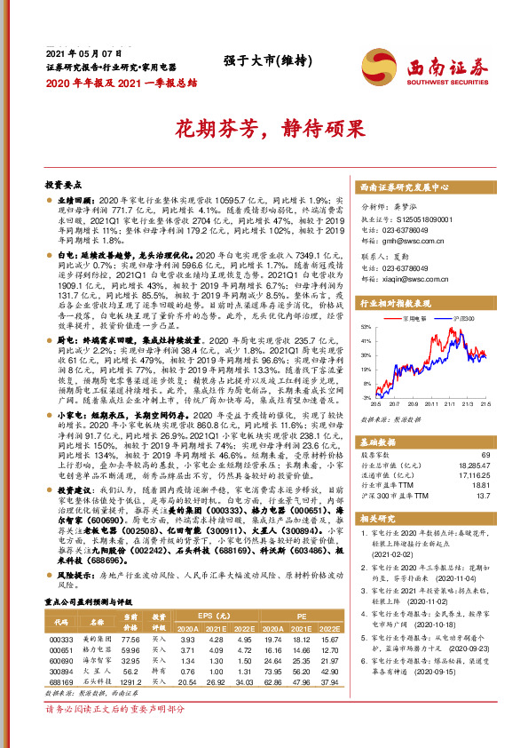 家用电器2020年年报及2021年一季报总结：花期芬芳，静待硕果