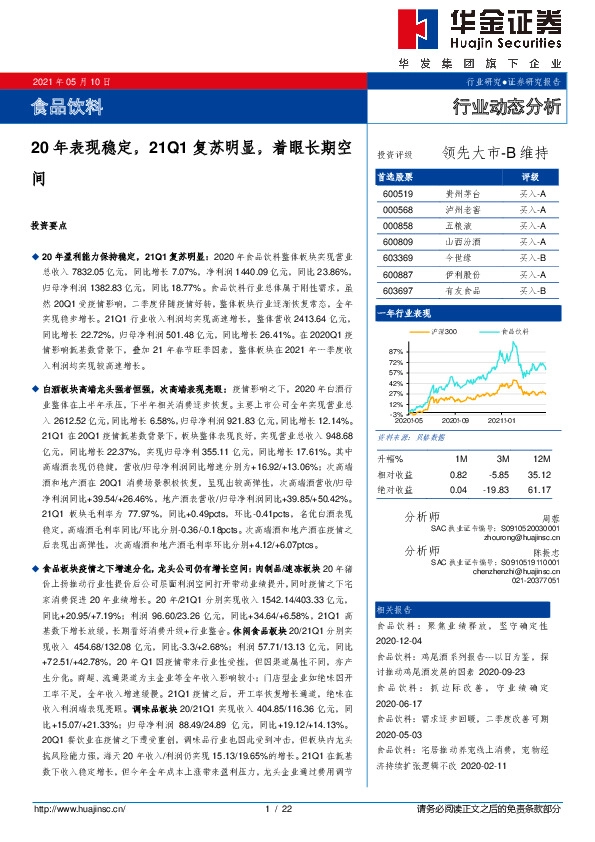 食品饮料行业动态分析：20年表现稳定，21Q1复苏明显，着眼长期空间