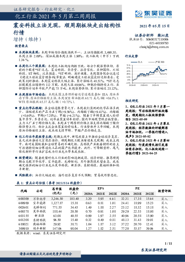 化工行业2021年5月第二周周报：震安科技立法兑现，顺周期板块走出结构性行情