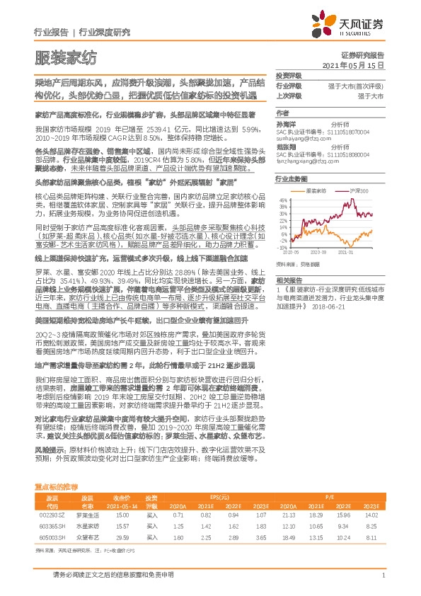 服装家纺行业深度研究：乘地产后周期东风，应消费升级浪潮，头部聚拢加速，产品结构优化，头部优势凸显，把握优质低估值家纺标的投资机遇