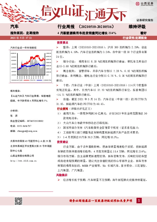 汽车行业周报：4月新能源乘用车批发销量同比增长214%