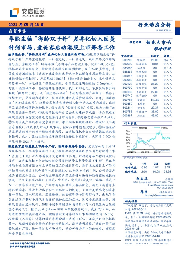 商贸零售行业动态分析：华熙生物“御龄双子针”差异化切入医美针剂市场，爱美客启动港股上市筹备工作