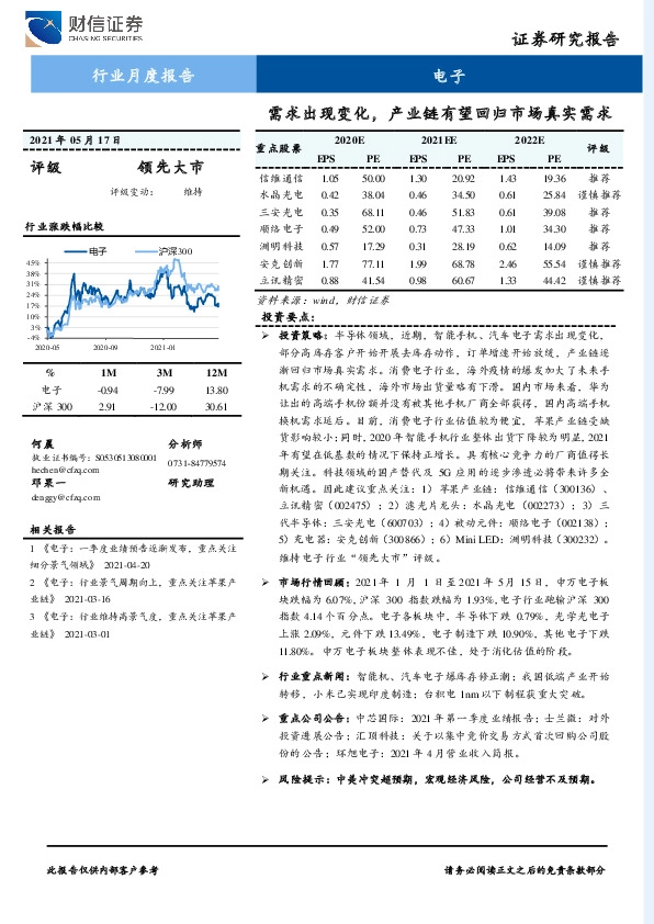 电子行业月度报告：需求出现变化，产业链有望回归市场真实需求